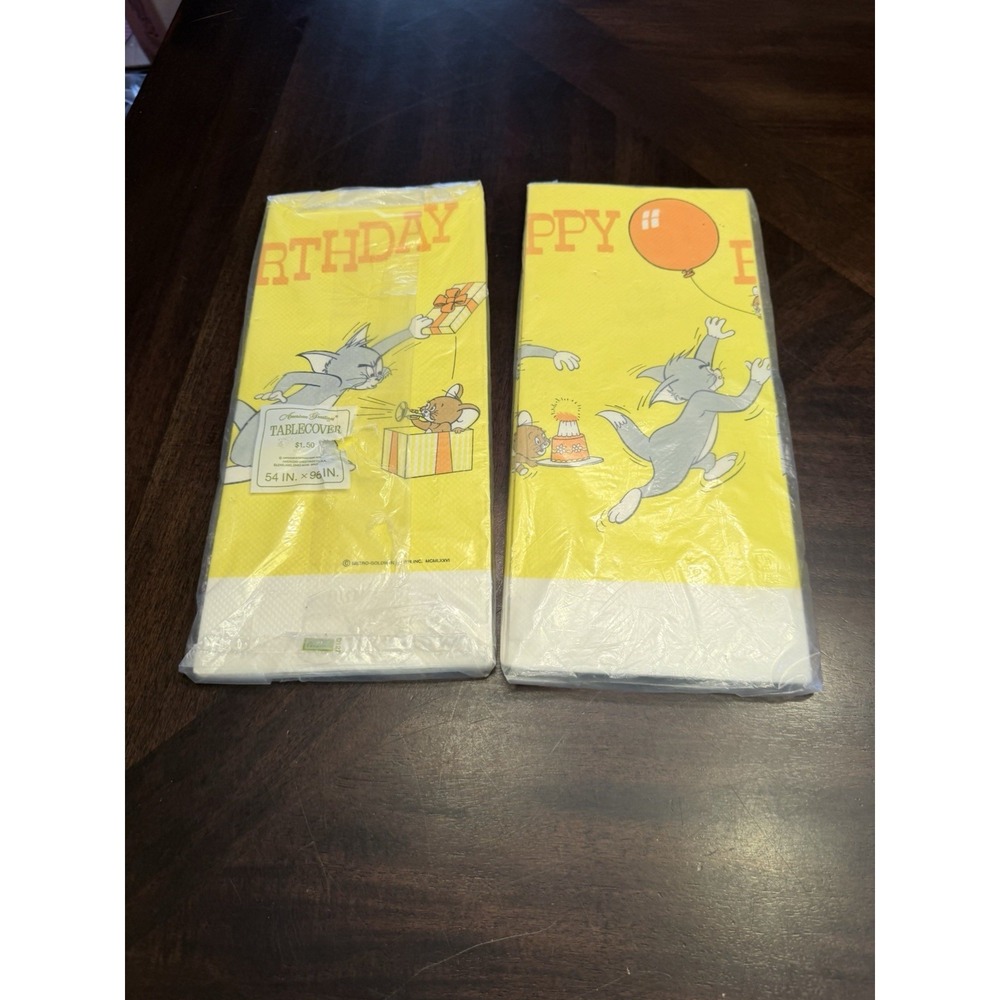 Vintage American Greetings Tom & Jerry Birthday Paper Tablecloth 54x96 lot of 2